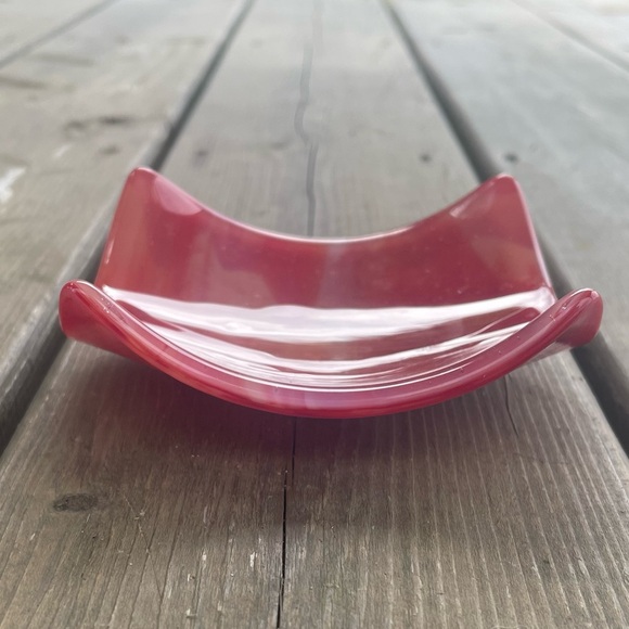 Fused Glass Pink, Red, and White Swirl Trinket Dish Tealight Holder Catchall - Picture 7 of 13